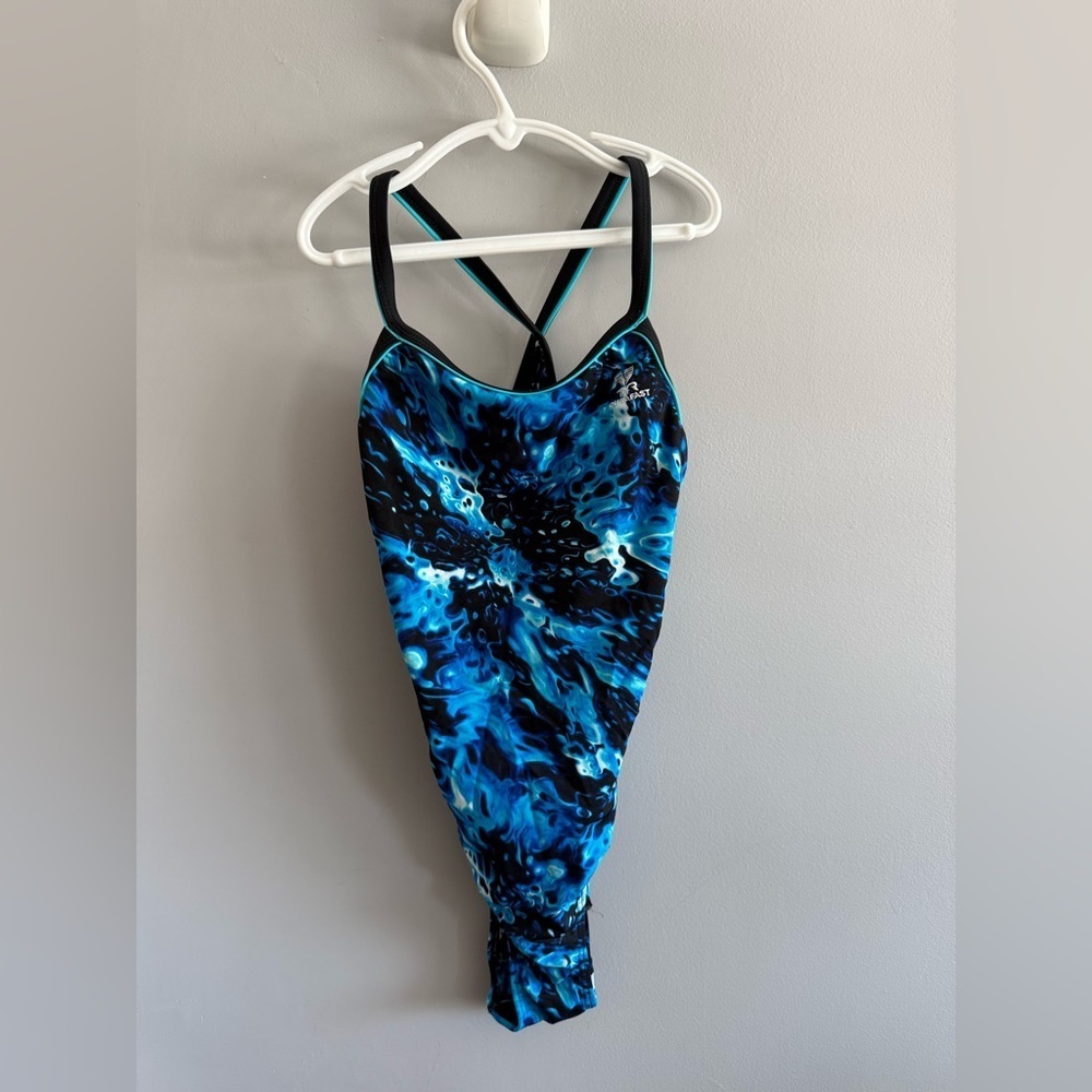 TYR Durafast One Piece Swimsuit Size 34S Blue Black Athletic